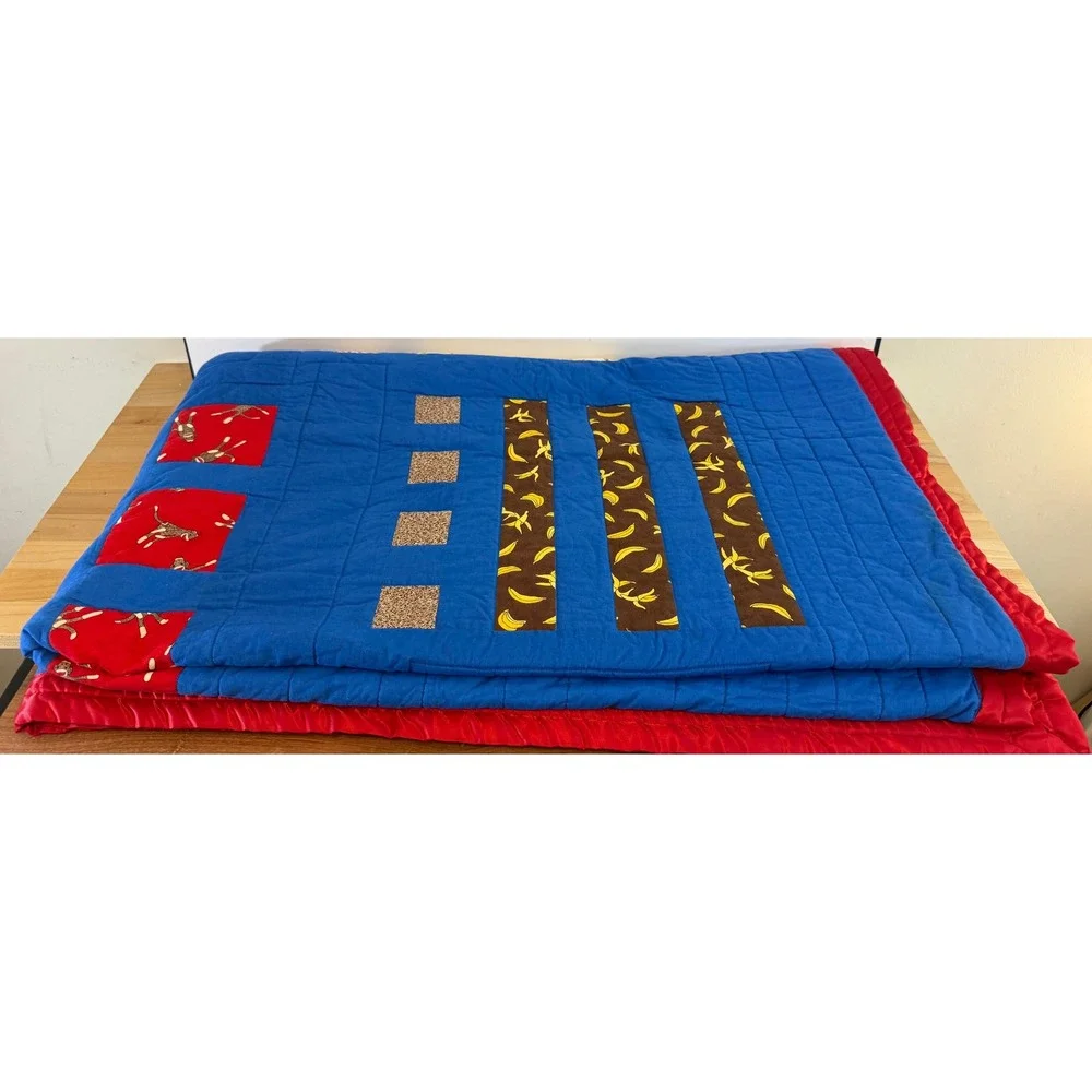 Large Handmade Sock Monkey Patchwork Quilt Blue Red Banana Theme Throw Blanket